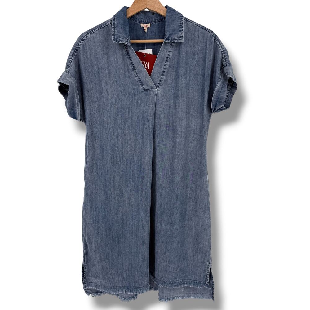 Reba Chambray Shirt Dress Womens Sz S Frayed Hem Pockets Tencel Lyocell